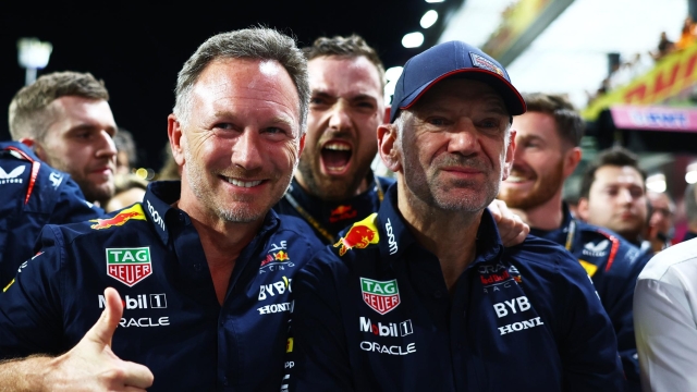 JEDDAH, SAUDI ARABIA - MARCH 19: Red Bull Racing Team Principal Christian Horner and Adrian Newey, the Chief Technical Officer of Red Bull Racing pose for a photo in parc ferme after the F1 Grand Prix of Saudi Arabia at Jeddah Corniche Circuit on March 19, 2023 in Jeddah, Saudi Arabia. (Photo by Mark Thompson/Getty Images)