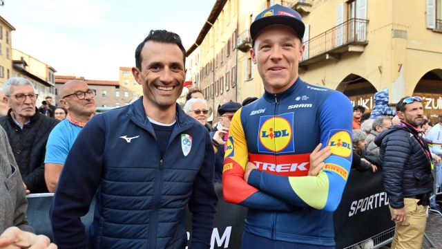 Jonathan Milan Team Lidl-Treck with italian national ct Daniele Bennati during Team Presentation at the men's elite race of the Milano - Sanremo one day cycling race (288km) from Pavia to Sanremo - North West Italy - Friday, March 15, 2024. Sport - cycling . (Photo by Gian Mattia D'Alberto / LaPresse)
