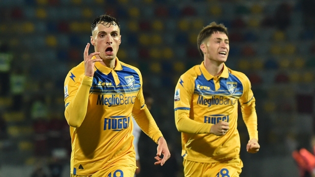 FROSINONE, ITALY - APRIL 26: Nadir Zortea of Frosinone Calcio celebrates with his teammate Matias Soulé after scoring goal 3-0 during the Serie A TIM match between Frosinone Calcio and US Salernitana at Stadio Benito Stirpe on April 26, 2024 in Frosinone, Italy. (Photo by Giuseppe Bellini/Getty Images) (Photo by Giuseppe Bellini/Getty Images)