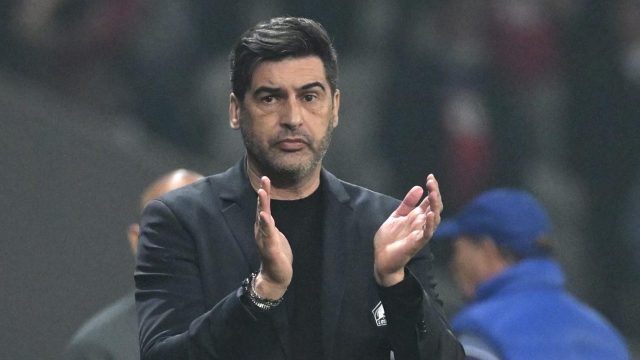 Lille's head coach Paulo Fonseca reacts during the French League One soccer match between Lille and Marseille at the Pierre Mauroy stadium in Villeneuve d'Ascq, northern France, Friday, April 5, 2024. (AP Photo/Matthieu Mirville)