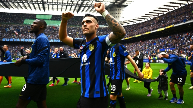 MILAN, ITALY - APRIL 28: Lautaro Martinez of Inter celebrates after winning the Serie A Tim Title after the Serie A TIM match between FC Internazionale and Torino FC at Stadio Giuseppe Meazza on April 28, 2024 in Milan, Italy. (Photo by Mattia Ozbot - Inter/Inter via Getty Images) (Photo by Mattia Ozbot - Inter/Inter via Getty Images)