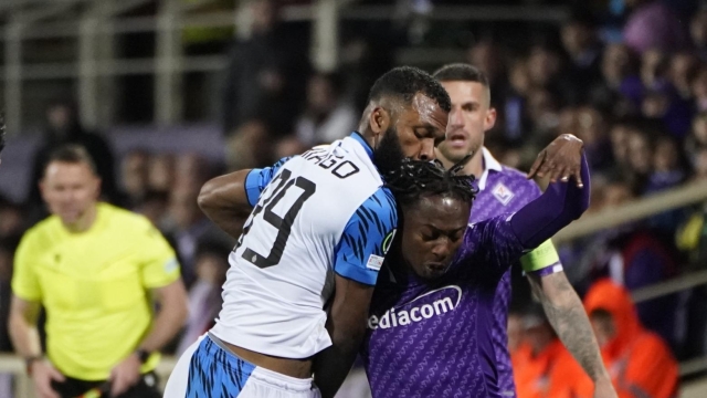 Fiorentina’s  Christian Kouame fight for the ball with Brugge’s Thiago during the UEFA Conference League soccer match between Fiorentina and Brugge at Artemio Franchi stadium in Florence, Italy - Thursday, May 2, 2024. (Photo by Marco Bucco/LaPresse )