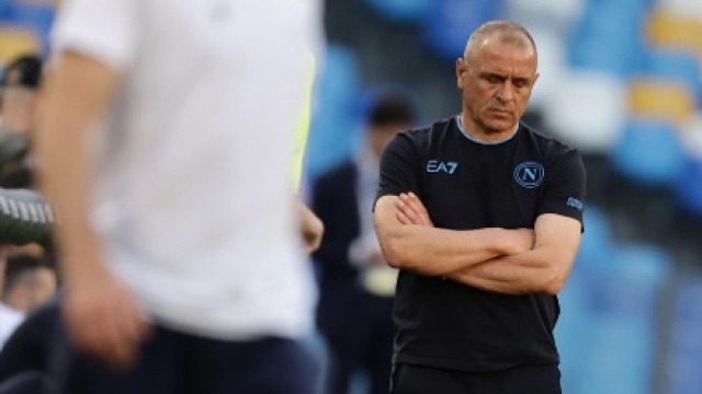 Napoli?s head coach Francesco Calzona   in action during the Italian Serie A soccer match between SSC Napoli  and Bologna FC  at ' Diego Armando Maradona' stadium in Naples , Italy,  11 May 2024. ANSA/CESARE ABBATE