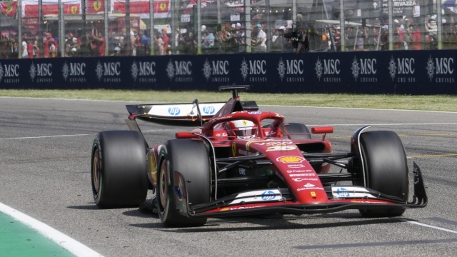 Ferrari driver Charles Leclerc of Monaco steers his car during the Italy's Emilia Romagna Formula One Grand Prix race at the Dino and Enzo Ferrari racetrack in Imola, Italy, Sunday, May 19, 2024. (AP Photo/Antonio Calanni)