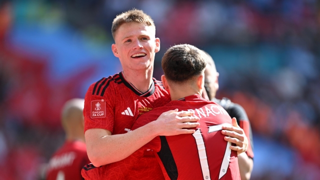 LONDON, ENGLAND - MAY 25: Scott McTominay and Alejandro Garnacho of Manchester United celebrate after the team's victory in the Emirates FA Cup Final match between Manchester City and Manchester United at Wembley Stadium on May 25, 2024 in London, England. (Photo by Mike Hewitt/Getty Images)