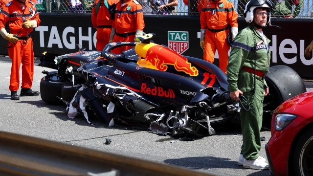 MONTE-CARLO, MONACO - MAY 26: The destroyed car of Sergio Perez of Mexico and Oracle Red Bull Racing is seen on track after a crash during the F1 Grand Prix of Monaco at Circuit de Monaco on May 26, 2024 in Monte-Carlo, Monaco. (Photo by Clive Rose/Getty Images)
