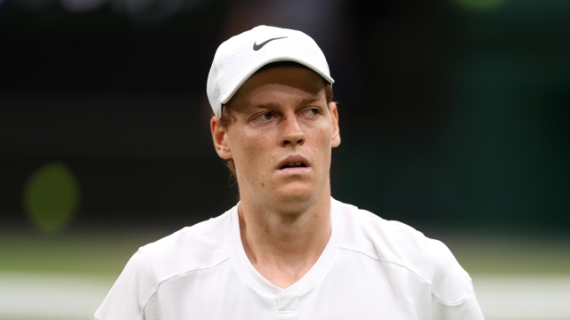 LONDON, ENGLAND - JULY 09: Jannik Sinner of Italy reacts as he plays against Daniil Medvedev in the Gentlemen's Singles Quarter Final match during day nine of The Championships Wimbledon 2024 at All England Lawn Tennis and Croquet Club on July 09, 2024 in London, England. (Photo by Sean M. Haffey/Getty Images)