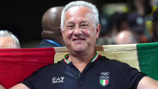 Italy's head coach Julio Velasco celebrates during Women's Volleyball Final match between Italy and United States at the 2024 Summer Olympics, Sunday, August 11, 2024 in Paris, France. (Photo by Spada/LaPresse)