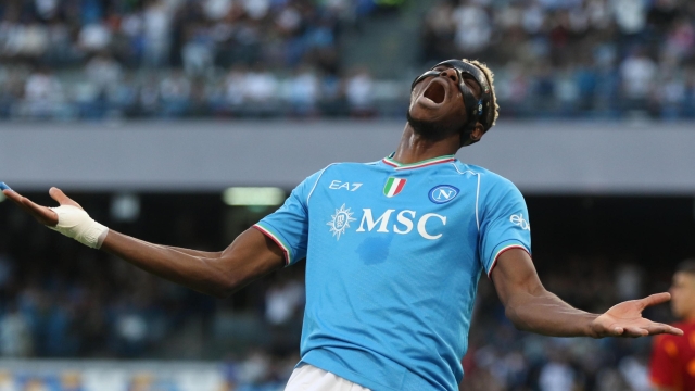 Napoli?s forward Victor Osimhen reacts during the Italian Serie A soccer match SSC Napoli vs AS Roma at "Diego Armando Maradona" stadium in Naples, Italy,  28 April 2024  ANSA/CESARE ABBATE