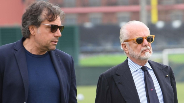 NAPLES, ITALY - MAY 04: Aurelio De Laurentiis , Cristiano Giuntoli of Napoli on May 04, 2022 in Naples, Italy. (Photo by SSC NAPOLI/SSC NAPOLI via Getty Images)