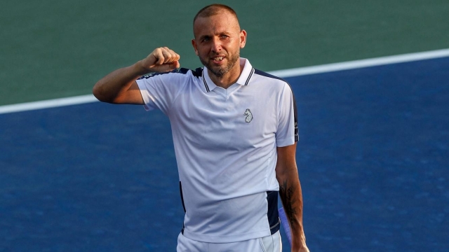 NEW YORK, NEW YORK - AUGUST 27: Daniel Evans of Great Britain reacts after defeating Karen Khachanov of Russia in five sets during their Men's Singles First Round match on Day Two of the 2024 US Open at the USTA Billie Jean King National Tennis Center on August 27, 2024 in the Flushing neighborhood of the Queens borough of New York City.   Jamie Squire/Getty Images/AFP (Photo by JAMIE SQUIRE / GETTY IMAGES NORTH AMERICA / Getty Images via AFP)