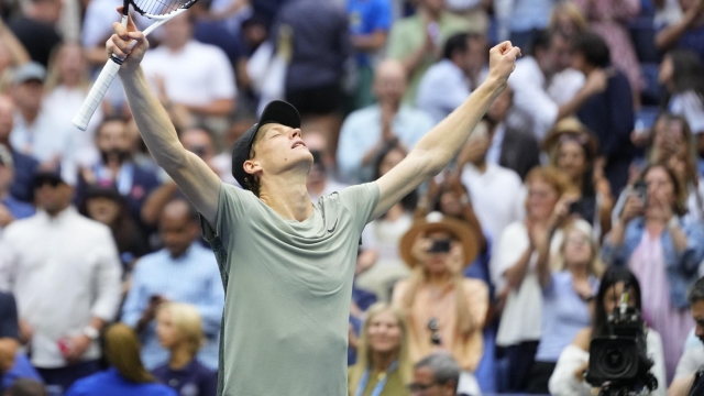 Jannik Sinner, of Italy, reacts after defeating Jack Draper, of Great Britain, during the men's singles semifinals of the U.S. Open tennis championships, Friday, Sept. 6, 2024, in New York. (AP Photo/Kirsty Wigglesworth)