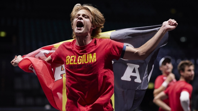 BOLOGNA, ITALY - SEPTEMBER 10: Zizou Bergs of Belgium celebrates team Belgium's victory against team Netherlands during the 2024 Davis Cup Finals Group Stage Bologna match between the Netherlands and Belgium at Unipol Arena on September 10, 2024 in Bologna, Italy. (Photo by Emmanuele Ciancaglini/Getty Images for ITF) *** BESTPIX ***