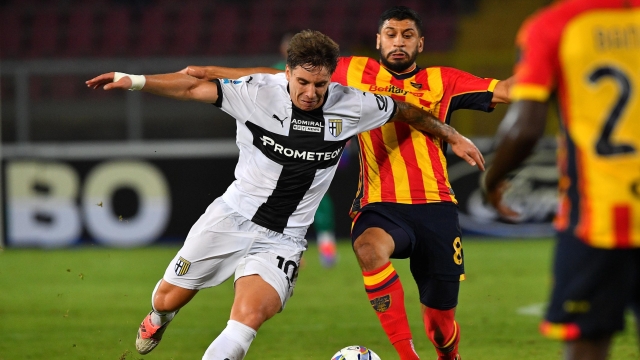 Lecce's inside midfield Hamza Rafia (8 US Lecce) and Parma's center midfielder Adrián Bernabé (10 Parma Calcio 1913) in action during the Serie A Enilive soccer match between US Lecce and Parma Calcio 1913 at the Via del Mare Stadium in Lecce, Italy, Saturday, September 21, 2024. (Credit Image: © Giovanni Evangelista/LaPresse)