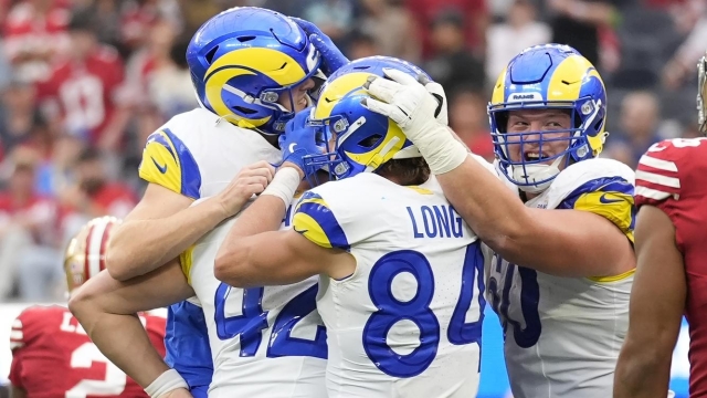 Los Angeles Rams place kicker Joshua Karty, top left, celebrates with teammates after kicking a field goal against the San Francisco 49ers during the second half of an NFL football game, Sunday, Sept. 22, 2024, in Inglewood, Calif. (AP Photo/Ashley Landis)