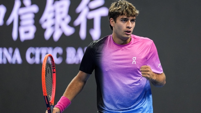 BEIJING, CHINA - SEPTEMBER 26: Flavio Cobolli of Italy reacts in the Men's Singles First Round against Alexander Bublik of Kazakhstan during day four of the 2024 China Open at National Tennis Center on September 26, 2024 in Beijing, China. (Photo by Shi Tang/Getty Images)