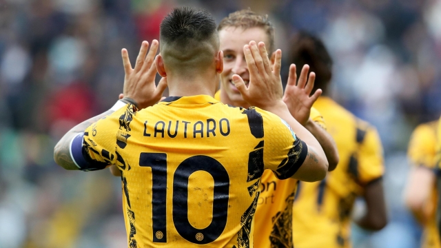 Inters Lautaro Martinez (L) jubilates with his teammate Davide Frattesi after scoring the goal during the Italian Serie A soccer match Udinese Calcio vs FC Internazionale at the Friuli - Bluenergy Stadium in Udine, Italy, 28 September 2024. ANSA / GABRIELE MENIS