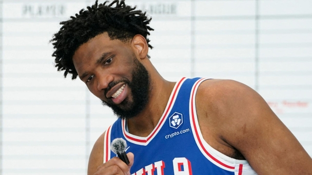 Philadelphia 76ers center Joel Embiid attends the 76ers media day ahead of the NBA season at the 76ers Training Complex in Camden, New Jersey, September 30, 2024. (Photo by TIMOTHY A. CLARY / AFP)