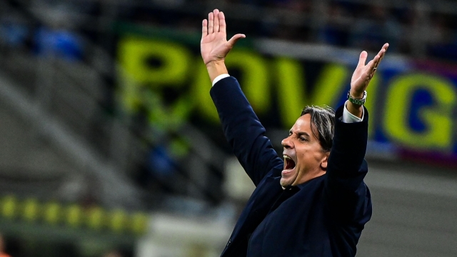 Inter Milan's Italian coach Simone Inzaghi reacts during the Italian Serie A football match between Inter Milan and Torino at San Siro Stadium in Milan on October 5, 2024. (Photo by Piero CRUCIATTI / AFP)