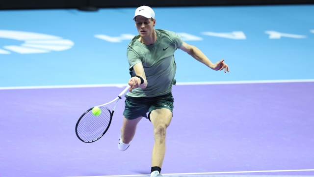 RIYADH, SAUDI ARABIA - OCTOBER 19: Jannik Sinner of Italy plays a forehand during his Men's Singles Final match against Carlos Alcaraz of Spain (not pictured) on day three of the Six Kings Slam 2024 at Kingdom Arena on October 19, 2024 in Riyadh, Saudi Arabia. (Photo by Richard Pelham/Getty Images)