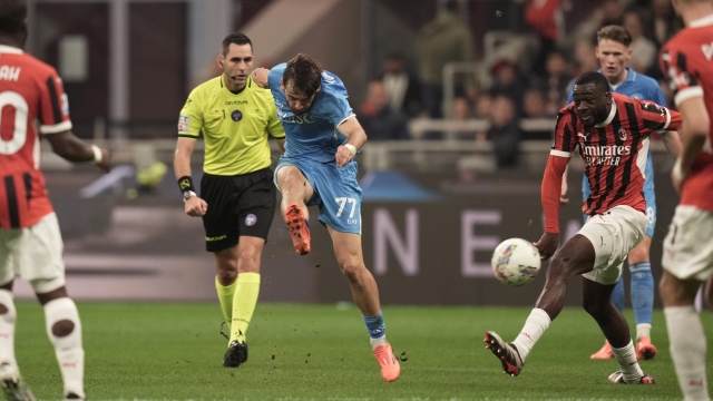 Napoli's Khvicha Kvaratskhelia goal 0-2 during the Serie A Enilive 2024/2025 match between Milan and Napoli at the San Siro Stadium in Milan, North Italy - Sport, Soccer Tuesday October 29, 2024 (Photo by Massimo Paolone/LaPresse)