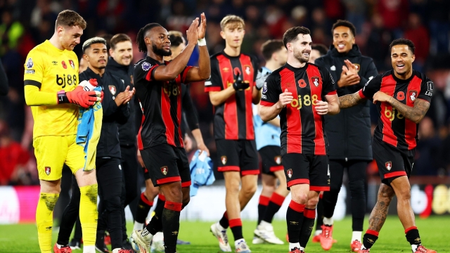 BOURNEMOUTH, ENGLAND - NOVEMBER 02: Antoine Semenyo of AFC Bournemouth applauds the fans as teammates Lewis Cook and Justin Kluivert celebrates after the team's victory in the Premier League match between AFC Bournemouth and Manchester City FC at Vitality Stadium on November 02, 2024 in Bournemouth, England. (Photo by Dan Istitene/Getty Images)