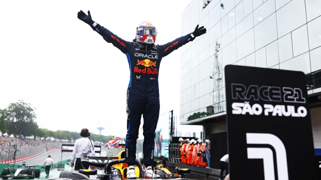 SAO PAULO, BRAZIL - NOVEMBER 03: Race winner Max Verstappen of the Netherlands and Oracle Red Bull Racing celebrates in parc ferme during the F1 Grand Prix of Brazil at Autodromo Jose Carlos Pace on November 03, 2024 in Sao Paulo, Brazil. (Photo by Mark Thompson/Getty Images)