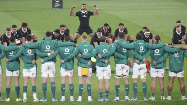 The New Zealand team perform the Haka towards during the the Autumn Nations series rugby union match between Ireland and New Zealand at the Aviva Stadium in Dublin, Ireland, Friday, Nov. 8, 2024. (AP Photo/Peter Morrison)