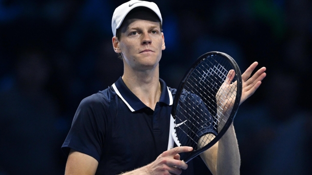 Jannik Sinner of Italy celebrates his victory against Daniil Medvedev of Russia during the match of Nitto Atp Finals in Turin, Italy, 14 november 2024 .The ATP men's singles world number 1 is preparing for the ATP Finals that will run from 10-17 November in Turin ANSA/ALESSANDRO DI MARCO