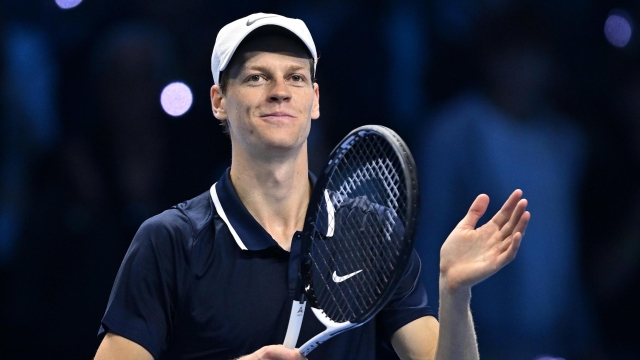 Jannik Sinner of Italy celebrates his victory against Alexander Zverev of Germany during the match of Nitto Atp Finals in Turin, Italy, 16 november 2024 .The ATP men's singles world number 1 is preparing for the ATP Finals that will run from 10-17 November in Turin ANSA/ALESSANDRO DI MARCO