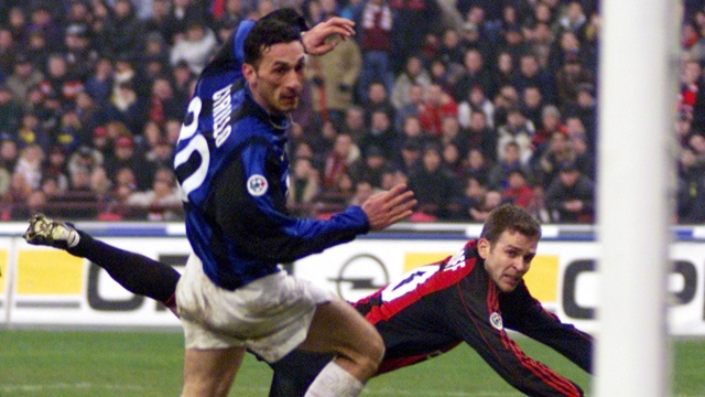 AC Milan`s Oliver Bierhoff celebrates a goal against Inter Milan at San Siro in 2001.