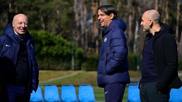  Sport CEO Giuseppe Marotta of FC Internazionale, Sport Director Piero Ausilio and Head Coach Simone Inzaghi of FC Internazionale during the FC Internazionale training session at the club's training ground Suning Training Center on March 12, 2023 in Como, Italy. (Photo by Mattia Ozbot - Inter/Inter via Getty Images)
