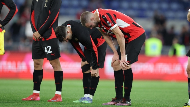 Strahinja Pavlovic of AC Milan reacts at the end of the Coppa Italia Final match between AC Milan and Bologna at Stadio Olimpico on May 14, 2025 in Rome, Italy. (Photo by Claudio Villa/AC Milan via Getty Images)