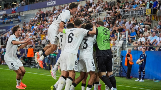 Brajan Gruda of U21 Germany celebrates with teammates after scoring his side's third goal during the UEFA European Under-21 Championship 2025 Semi-Final match between Germany and France at Kosice Football Arena on June 25, 2025 in Kosice, Slovakia. (Photo by Christian Hofer/Getty Images)