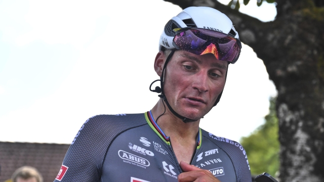 Netherlands' Mathieu van der Poel, who rode breakaway the entire stage but got caught by the pack in the last kilometer of the race, reacts after the ninth stage of the Tour de France cycling race over 174.1 kilometers (108 miles) with start in Chinon and finish in Chateauroux, France, Sunday, July 13, 2025. (Marco Bertorello/Pool Photo via AP) Associated Press / LaPresse Only italy and spain