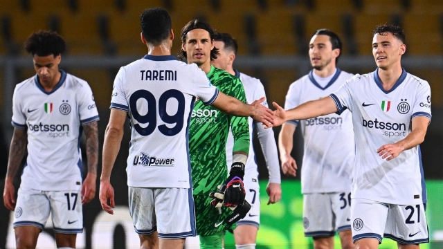 Mehdi Taremi of FC Internazionale celebrates with Kristjan Asllani the win at the end of the Serie A match between Lecce and FC Internazionale at Stadio Via del Mare on January 26, 2025 in Lecce, Italy. (Photo by Mattia Ozbot - Inter/Inter via Getty Images)