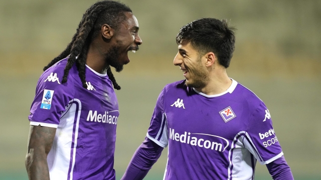 Fiorentina's foward Moise Kean celebrate after scoring a goal during the Italian serie A soccer match ACF Fiorentina vs Udinese Calcio at Artemio Franchi Stadium in Florence, Italy, 21 December 2025 ANSA/CLAUDIO GIOVANNINI