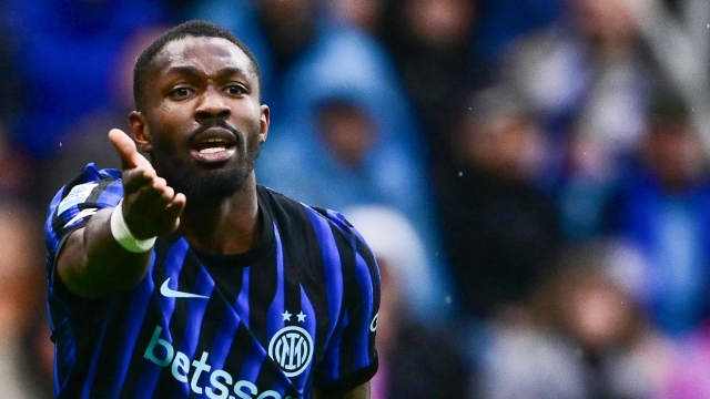 Inter Milans French forward #9 Marcus Thuram reacts during the Italian Serie A football match between Inter Milan and Atalanta at the San Siro stadium in Milan on March 14, 2026. (Photo by MARCO BERTORELLO / AFP)