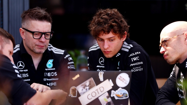  Peter Bonnington, Race Engineer of Mercedes AMG Petronas F1 Team and Andrea Kimi Antonelli of Italy and Mercedes AMG Petronas F1 Team talk in the Paddock during previews ahead of the F1 Grand Prix of Australia at Albert Park Grand Prix Circuit on March 05, 2026 in Melbourne, Australia. (Photo by Joe Portlock/Getty Images)