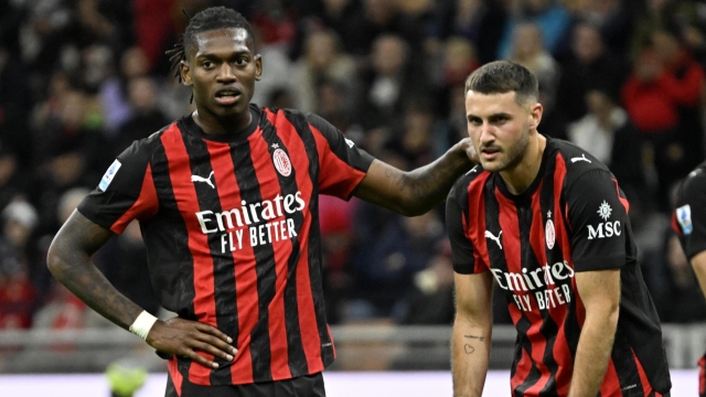 AC Milan’s forward Rafael Leao (L) and Santiago Gimenez react during the Italian Seria A soccer match between Ac Milan and Pisa at the Giuseppe Meazza Stadium in Milan, Italy, 24 October 2025. ANSA/DANIEL DAL ZENNARO