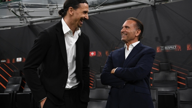   AC Milan owner Gerry Cardinale and Zlatan Ibrahimovic attend the UEFA Europa League 2023/24 Quarter-Final first leg match between AC Milan and AS Roma at Stadio Giuseppe Meazza on April 11, 2024 in Milan, Italy. (Photo by Claudio Villa/AC Milan via Getty Images)