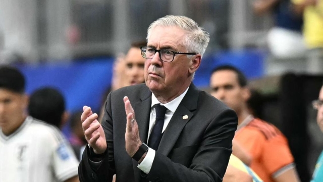 Brazil's Italian head coach Carlo Ancelotti reacts  during the 2026 World Cup round of 32 football match between Brazil and Japan at the Houston Stadium in Houston on June 29, 2026.  (Photo by Paul ELLIS / AFP)