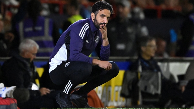  Ruben Amorim, Manager of Manchester United, looks dejected after his team concede during the Carabao Cup Second Round match between Grimsby Town and Manchester United at Blundell Park on August 27, 2025 in Grimsby, England.  (Photo by Shaun Botterill/Getty Images)