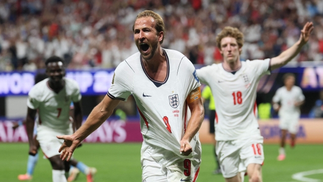 England's forward #09 Harry Kane celebrates scoring his team's second goal during the 2026 World Cup round of 32 match football between England and the Democratic Republic of Congo at the Atlanta Stadium in Atlanta on July 1, 2026.  (Photo by Odd ANDERSEN / AFP)