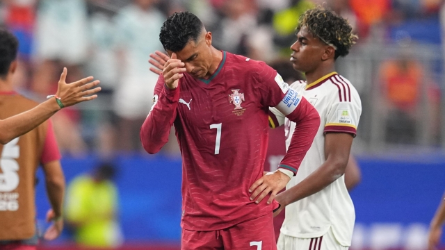 Portugal's Cristiano Ronaldo (7) reacts after the World Cup round of 16 soccer match between Portugal and Spain in Arlington, Texas, near Dallas, Monday, July 6, 2026. (AP Photo/Julio Cortez)