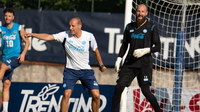 DIMARO, ITALY - JULY 20: Massimiliano Allegri and Milinkovic Savic of SSC Napoli in action during a training session at the clubâs pre-season training camp on on July 20, 2026 in Dimaro, Italy. (Photo by SSC NAPOLI/SSC NAPOLI via Getty Images)
