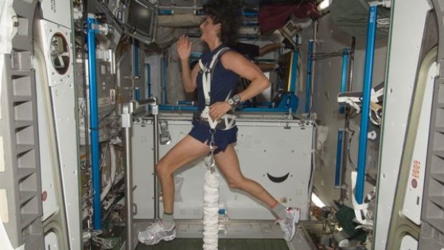 La prima maratona nello spazio risale al 2007, fu la statunitense Sunita Williams (qui in allenamento) a correrla il 16 aprile scattando in contemporanea alla maratona di Boston