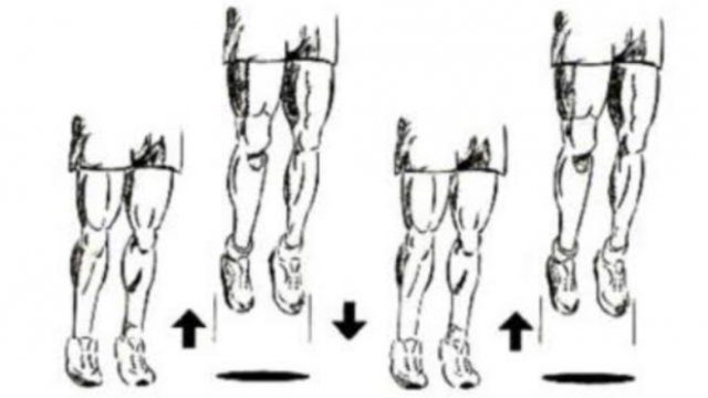Thrust Ups: stando diritto con la distanza fra i piedi uguale alla larghezza delle spalle, tieni rigide le ginocchia senza piegarle, e salta usando esclusivamente polpacci e caviglie. Appena tocchi terra salta subito nello stesso modo finché non completi la serie: ogni salto è una ripetizione. Puoi usare le braccia per equilibrarti, se vuoi