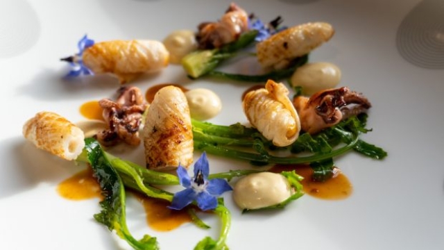 Un grande piatto di Perbellini: Calamaro, broccolo fiolaro, emulsione di tartufo e vinaigrette di ricci di mare