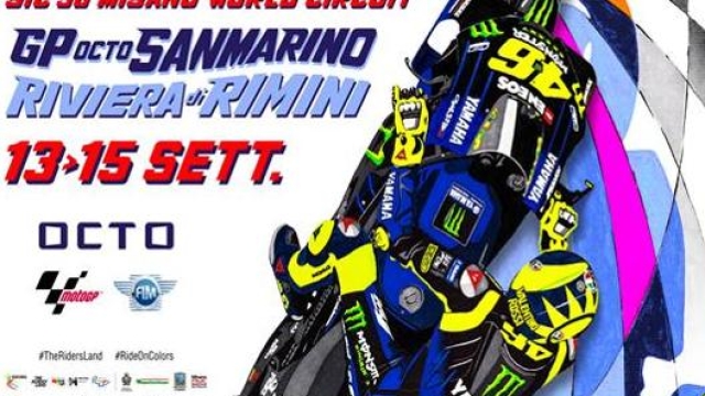 Il poster del GP di San Marino 2019 con l'omaggio a Rossi